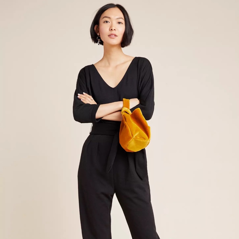 by Anthropologie Sutton Ponte Belted 3/4 Sleeve V-Neck Jumpsuit in Black Size S